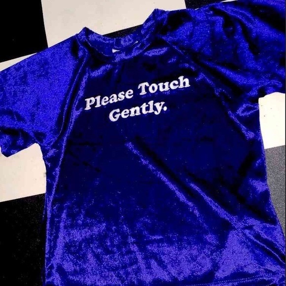 omighty Tops - NWOT Omighty please touch gently velvet crop top in blue with embroidered text